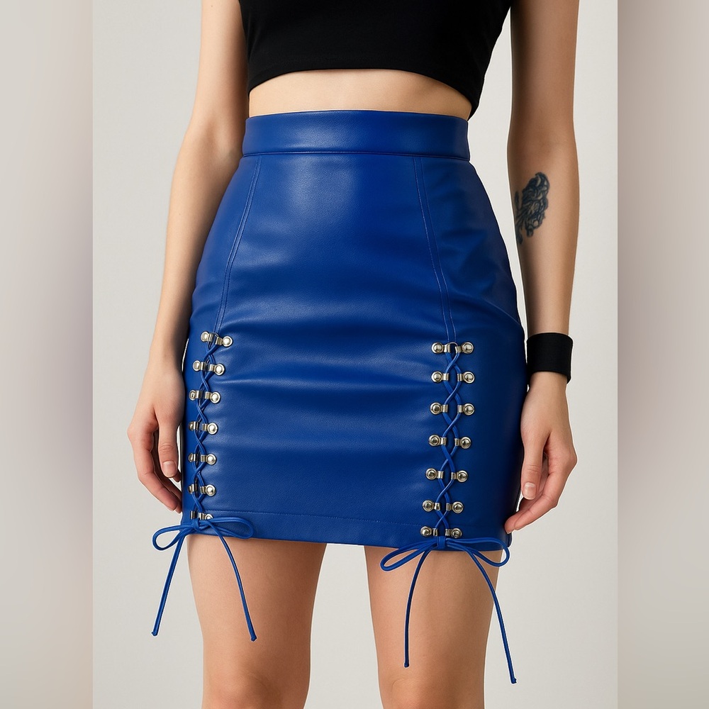 Faux Leather Lace Up Corset Bodycon Mini Skirt High Waist Cobalt Blue Size Small